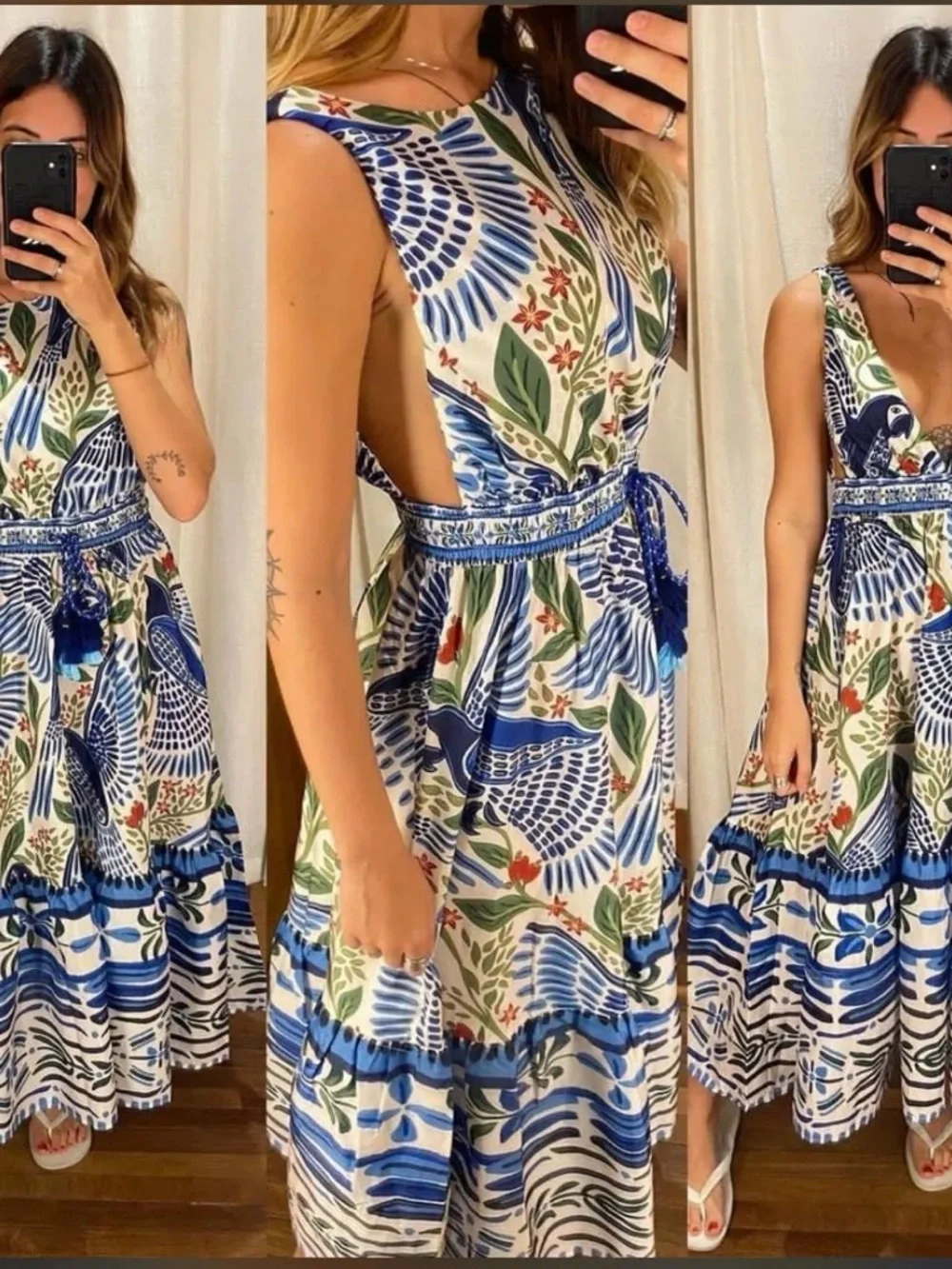 Farm Rio Blue Parrot Print Midi Dress – Limited Edition – Size L - Picture 2 of 7